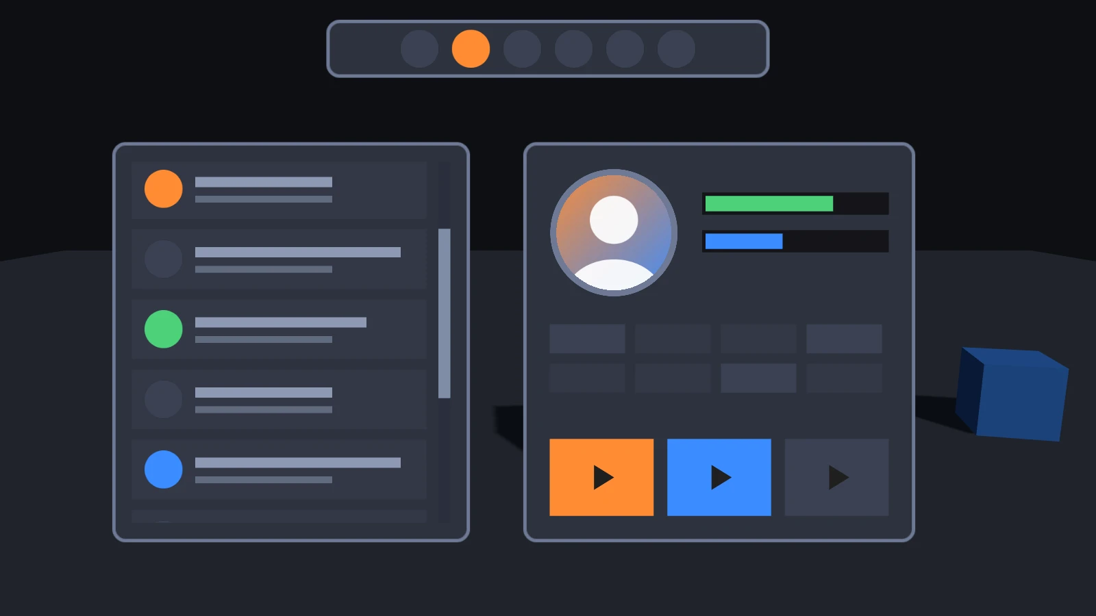A game interface over a 3D scene: a list in a scrolling panel, a round portrait, health and energy bars, a row of buttons and a toolbar