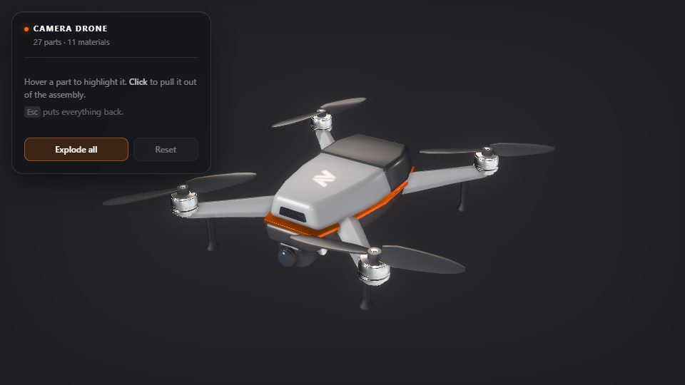 A camera drone beside a panel with Explode all and Reset buttons