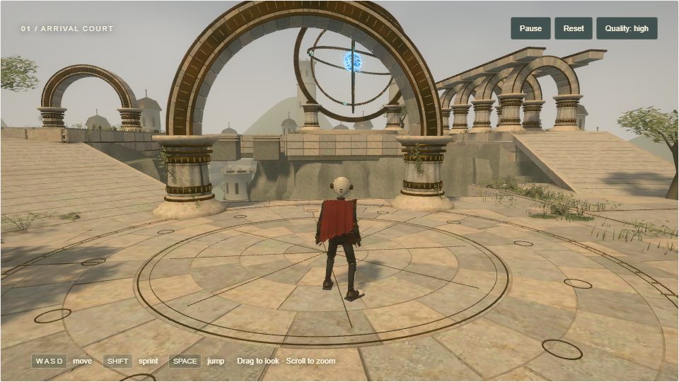 An animated character standing in a stone courtyard under great arches